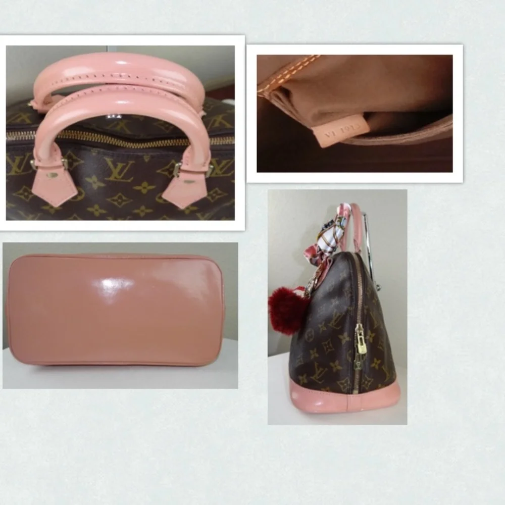 Louis Vuitton Brown Monogram Satchel with Pink Trim and Red Pom-Pom Charm